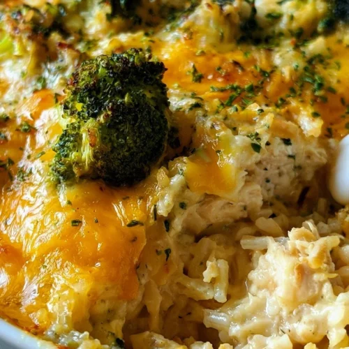 Cheesy chicken and rice casserole with broccoli in a baking dish