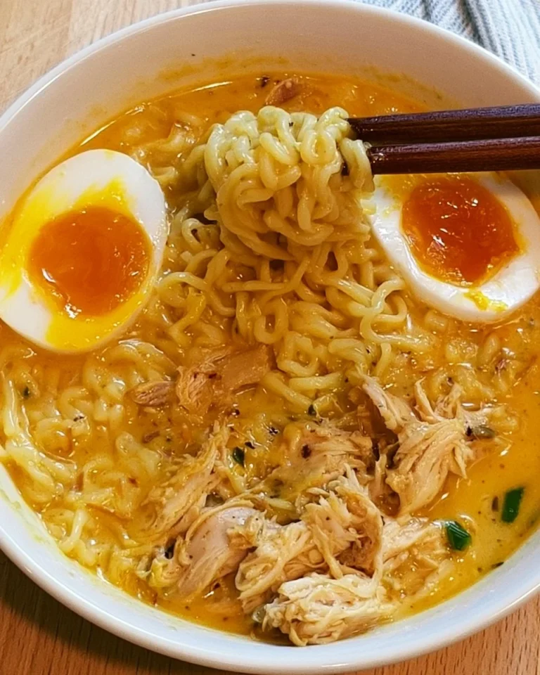 Creamy cheesy chicken ramen served in a bowl with fresh ingredients