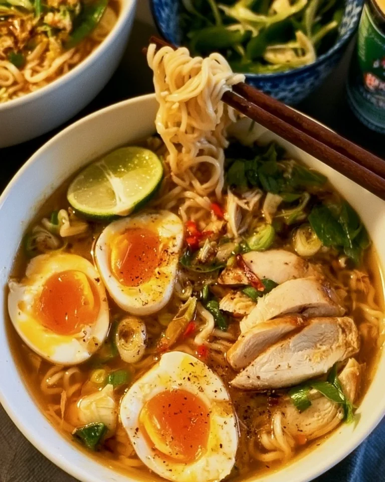 A bowl of easy chicken ramen topped with green onions and soft-boiled egg