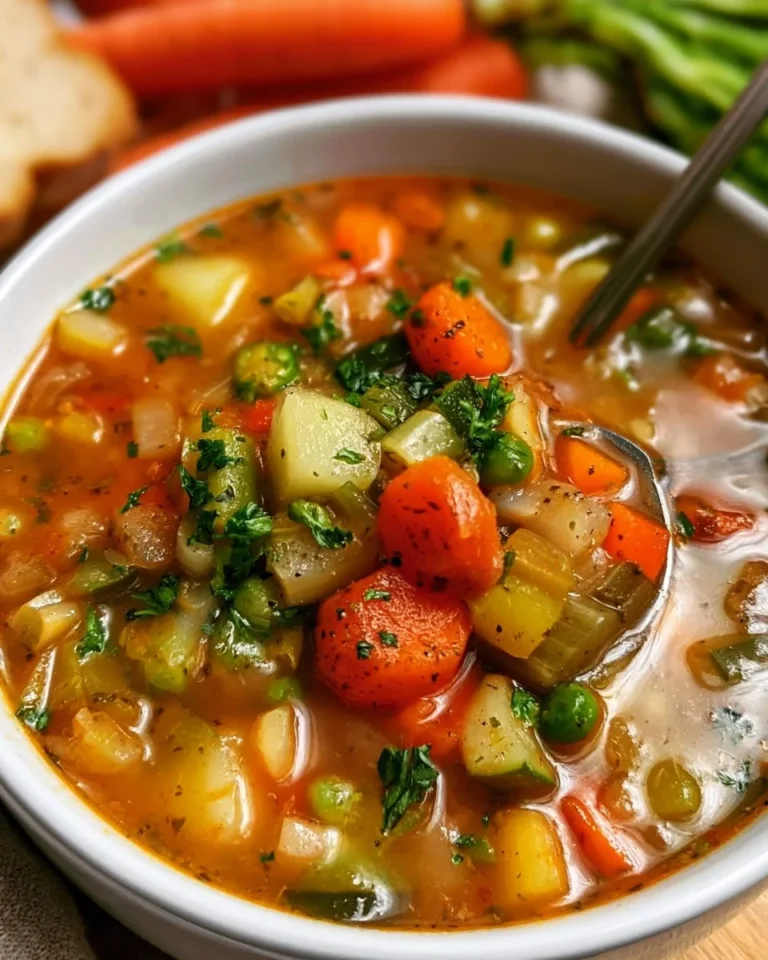 Bowl of easy vegetable soup filled with fresh vegetables