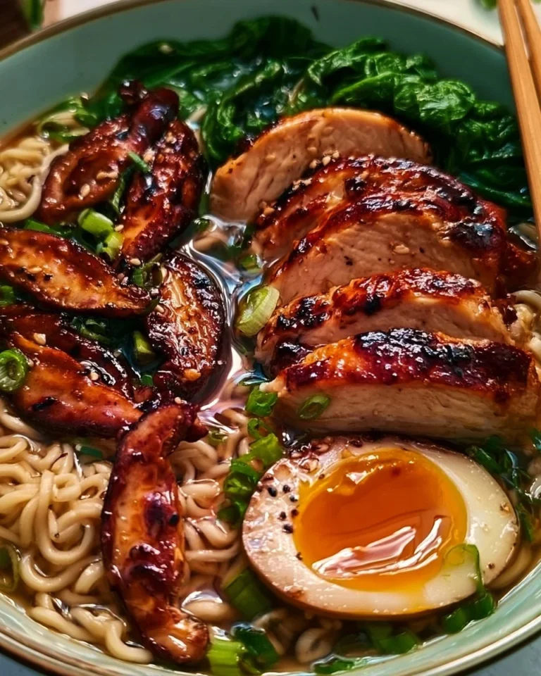 Bowl of ginger glazed chicken ramen topped with scallions and sesame seeds