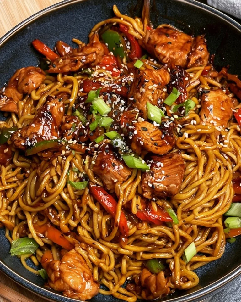 Bowl of Hoisin Chicken Noodles garnished with vegetables