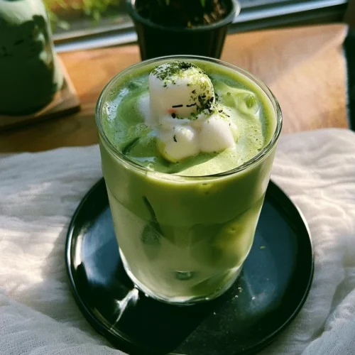 Variety of matcha drinks including lattes and smoothies on a wooden table.