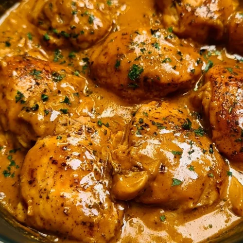 Southern Smothered Chicken topped with savory gravy served on a plate.