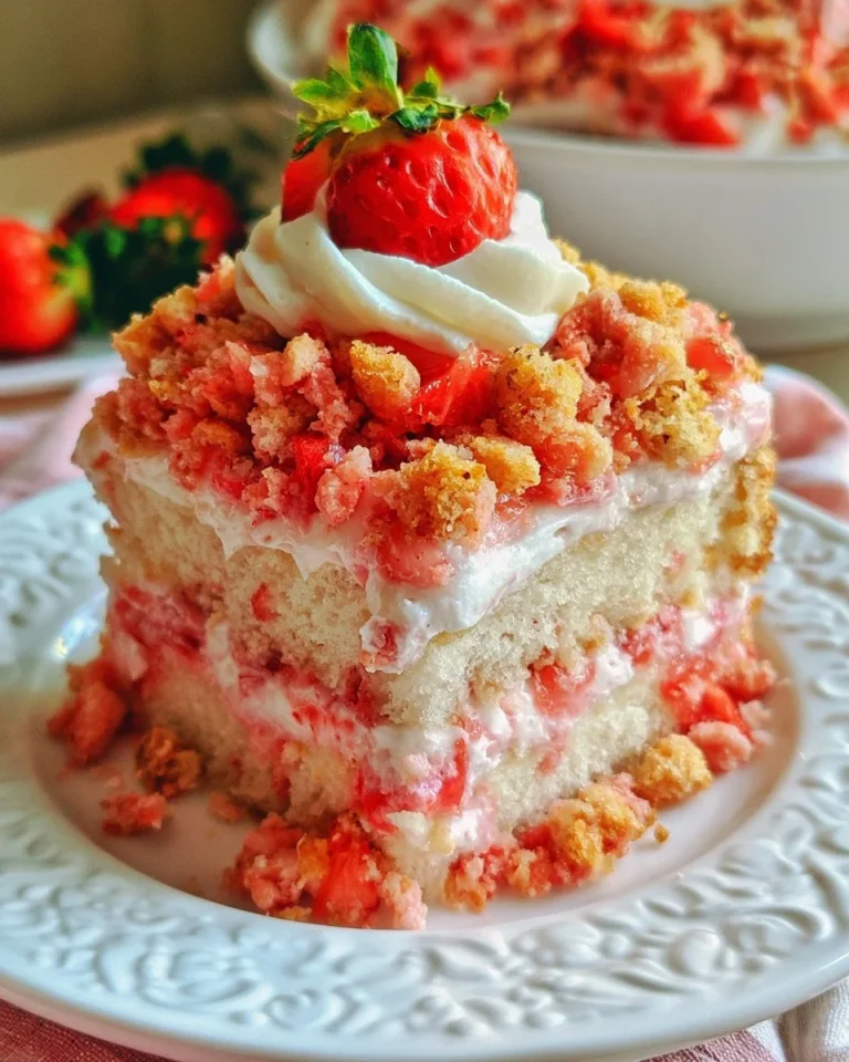 Delicious strawberry crunch poke cake topped with creamy frosting and crunchy bits