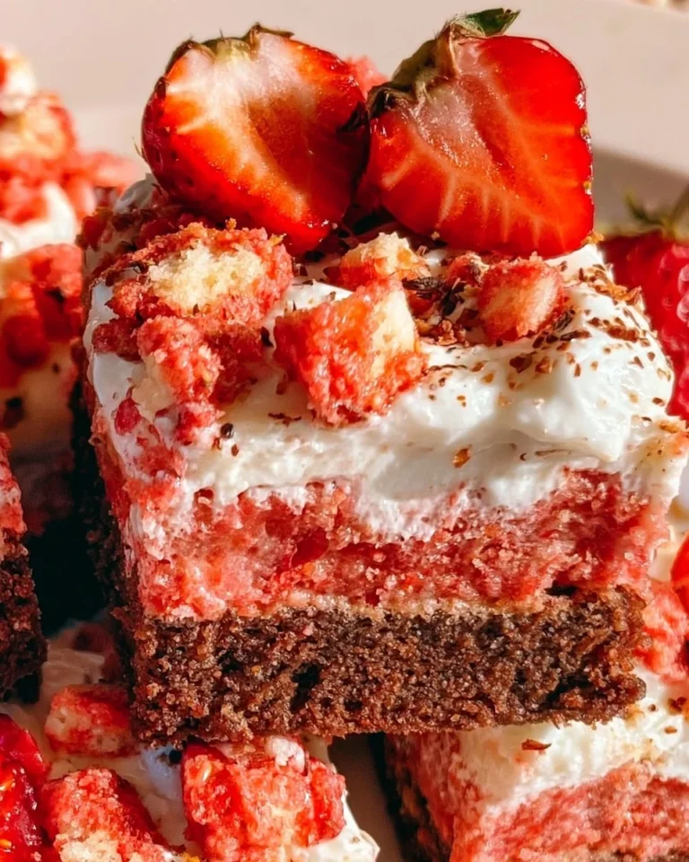 Delicious strawberry shortcake brownies topped with fresh strawberries and whipped cream.