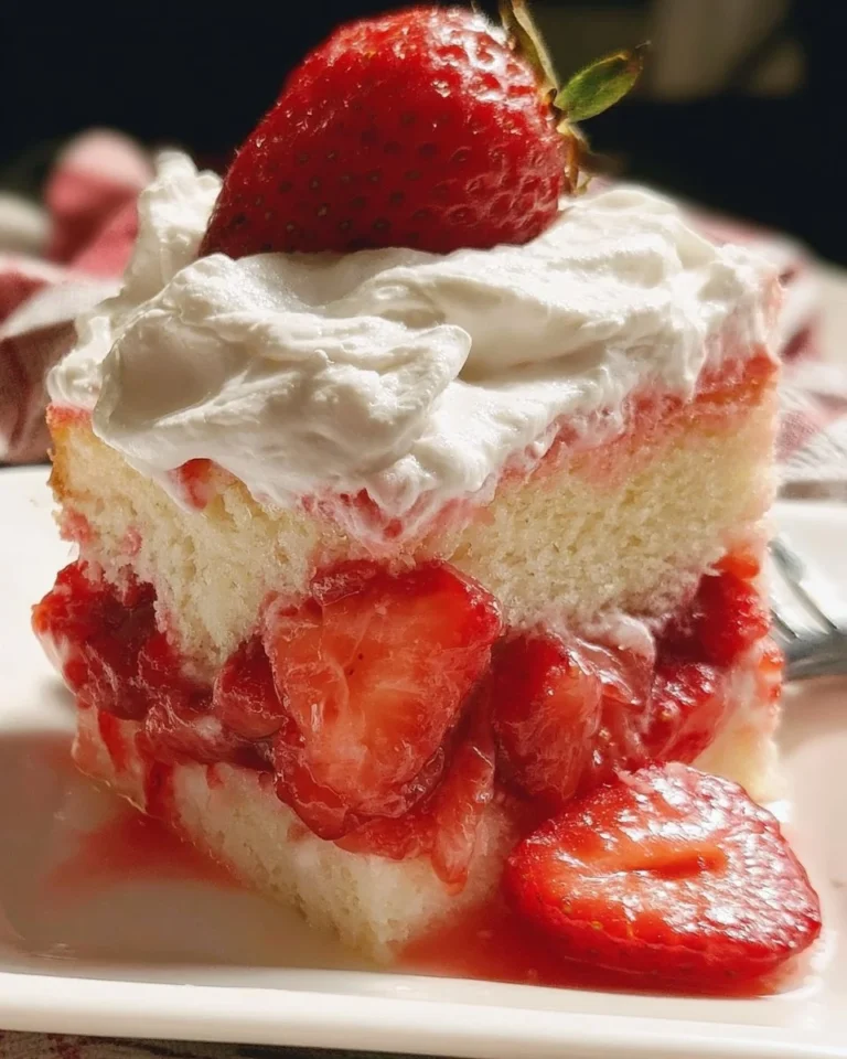 Delicious strawberry shortcake sheet cake topped with fresh strawberries and whipped cream.