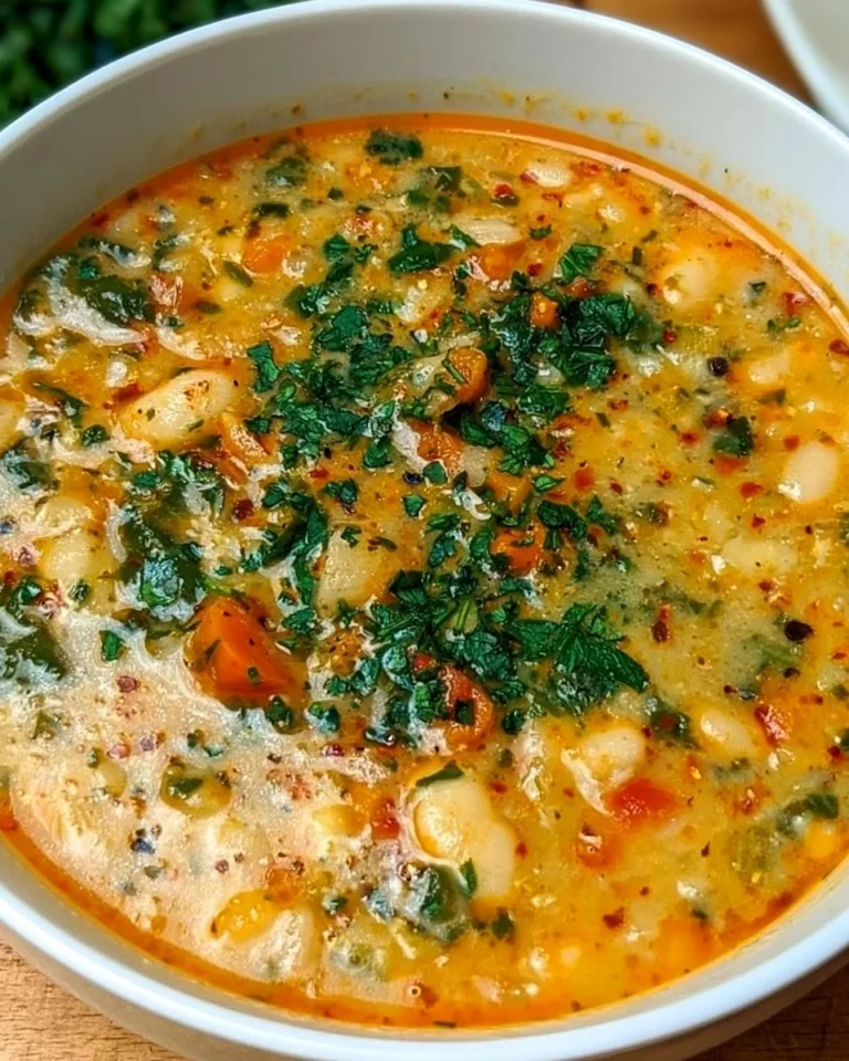 A bowl of Tuscan white bean soup garnished with herbs and spices.