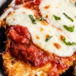 Easy baked chicken parmesan topped with fresh mozzarella and basil on a plate