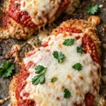 Delicious baked chicken Parmesan served on a plate with fresh herbs.